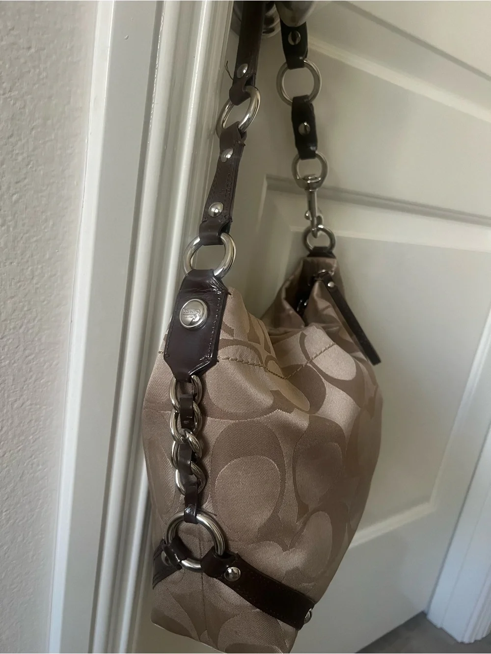 Coach Tan Khaki Signature Carly Hobo Bag with Dark Brown Trim